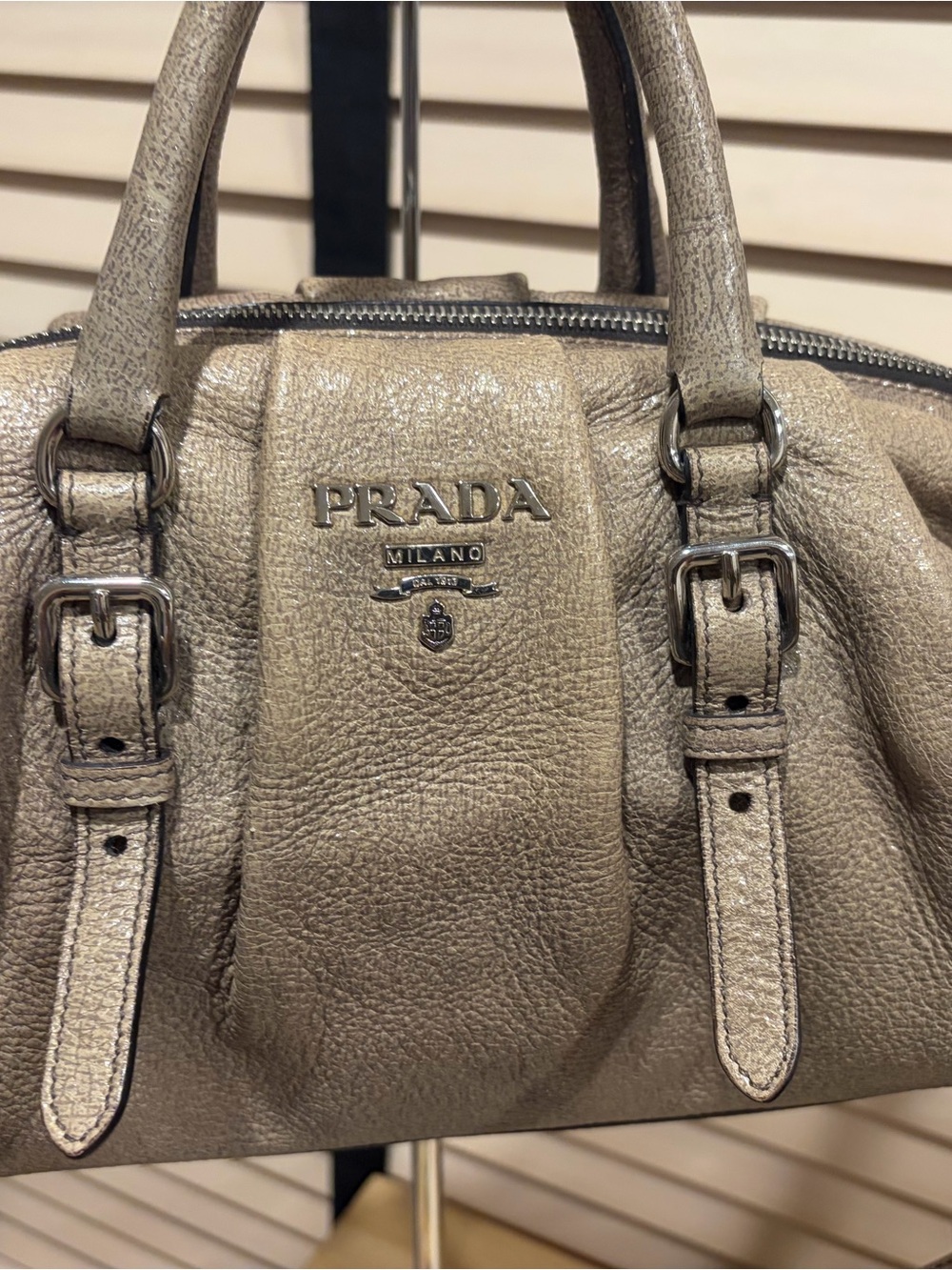 Authentic Prada Metallic Taupe Pebbled Leather Satchel removable/adjust strap